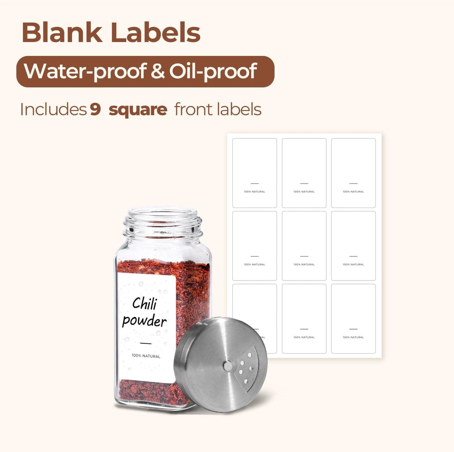 ComSaf 4oz 6PCS Spice Jars with Adjustable Shaker lids，21 Labels, Spice Jars Trial Set & Supplement Set, Empty Ingredient Containers and Square Ingredient Bottles for Kitchen and Seasoning