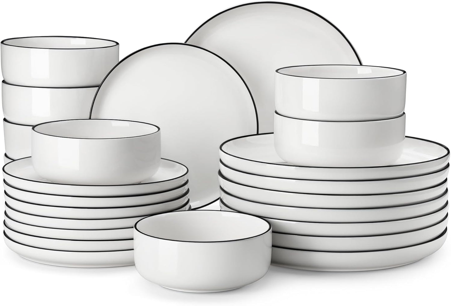 MALACASA Plates and Bowls Sets, 24 Pieces Modern Porcelain Dinnerware Set for 8 White Kitchen Dinner Dining Ware Set wtih Black Rim Ceramic Dishware Dishes Microwave and Dishwasher Safe, Series LUNA