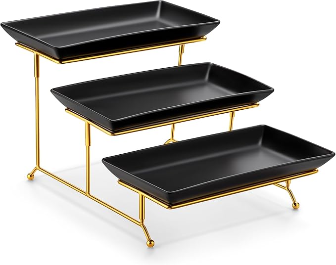 MALACASA 3 Tier Serving Trays for Party, 12 Inch Porcelain Black Trays for Serving Food, Dessert Stand with Collapsible Gold Metal Rack