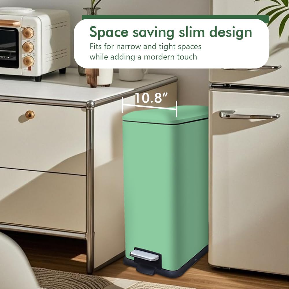 12 Gallon Trash Can with Lid，45L Kitchen Garbage Can,Stainless Steel Trash Can for Narrow Spaces with Soft-Close Lid, Inner Bucket, and Step-on Pedal
