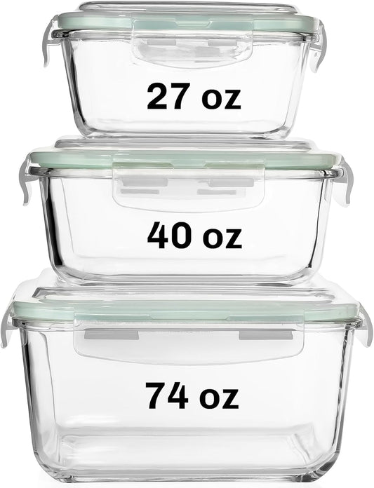 Razab 6 PC Square Glass Food Storage Containers with Airtight lids (74, 40 & 27 oz) Kitchen Glass Meal Prep Containers Set for Freezer Reusable Leftover Lunch Boxes, Oven, Microwave, Dishwasher Safe