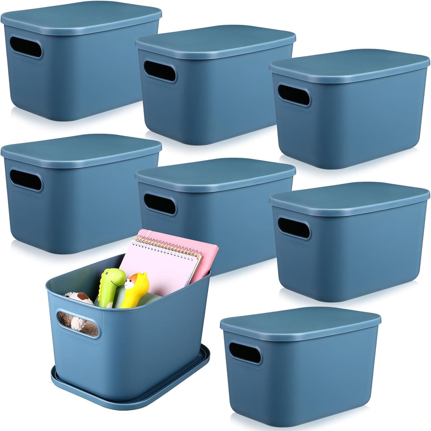 Hoolerry 8 Pieces Colorful Storage Bins with Lid, Plastic Storage Basket Organizing Container Stackable Box with Handle for Shelves Desktop Playroom Office(16.1 x 12.0 x 9.7 Inch,Blue)