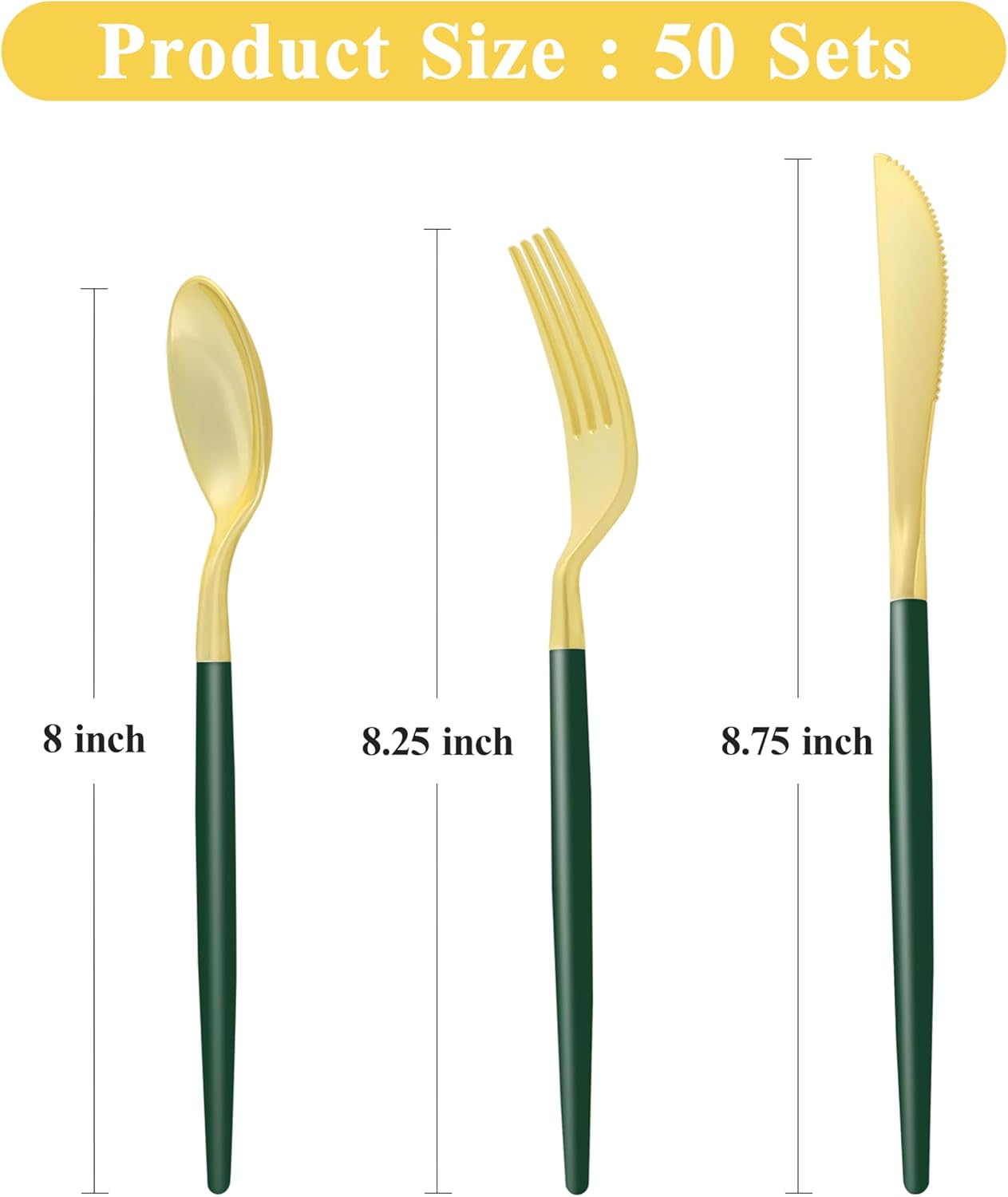 150 PCS Green Gold Plastic Utensils for 50 Guests, Gold Disposable Silverware with 50 Knives, 50 Spoons and 50 Forks, BPA Free, Ideal for Weddings, Birthdays & Graduation