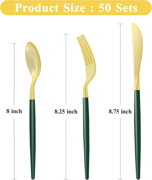 150 PCS Green Gold Plastic Utensils for 50 Guests, Gold Disposable Silverware with 50 Knives, 50 Spoons and 50 Forks, BPA Free, Ideal for Weddings, Birthdays & Graduation