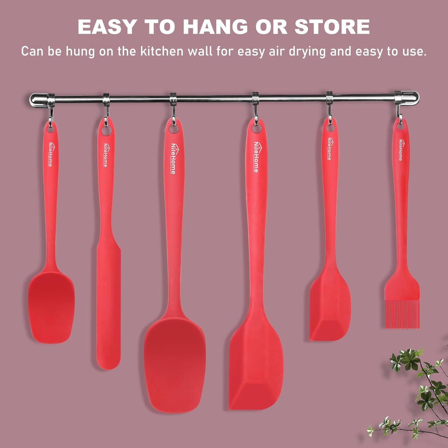NileHome Silicone Spatula Set 6 Packs Food Grade Kitchen Utensils with Silicone Brush Heat Resistant BPA-free Rubber Spatula for Scraping, Baking, Cooking, Mixing, Red