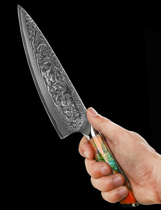 Chef Knife - 8 inch - Xuan Series - VG10 Damascus Steel Kitchen Knife - Resin Handle (Fantasy Orange)