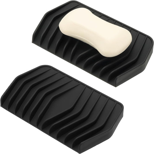 uxcell 2Pcs Soap Dish with Drainage, Silicone Self Draining Soap Bar Holder Sponge Shampoo Bars Tray for Bathroom, Shower, Bathtub, Kitchen, or Countertop(Black)