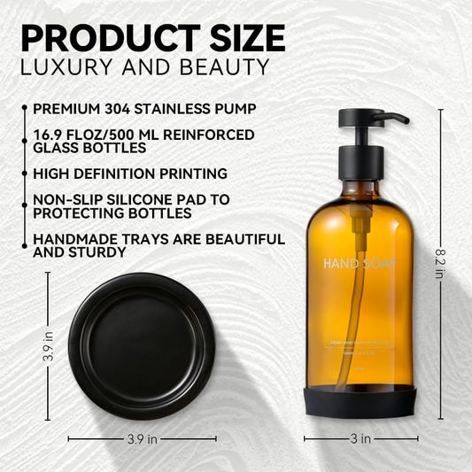 Glass Soap Dispenser Set by Janxin,Bathroom Soap Dispenser Set with Ceramic Tray,Luxury Bathroom Accessories,Modern Kitchen Decor (Amber(Hand Soap))