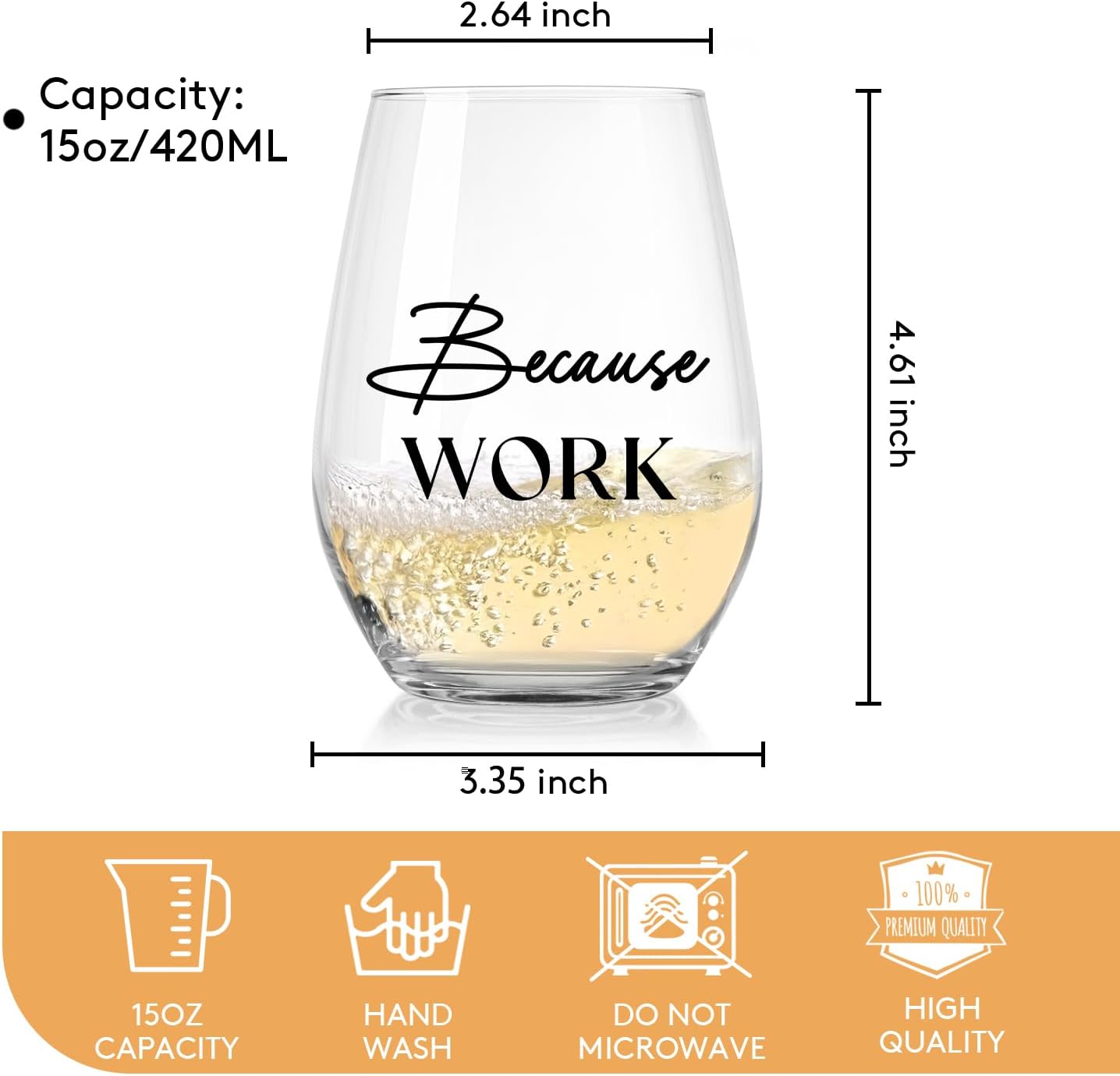 Because Work Funny Stemless Wine Glass 15oz, Unique Wine Glasses for Women, Coworker & Boss Lady Gifts, Funny Wine Glasses, Birthday Gag Gifts for Men, Women, Employee, Staff, Father's Day
