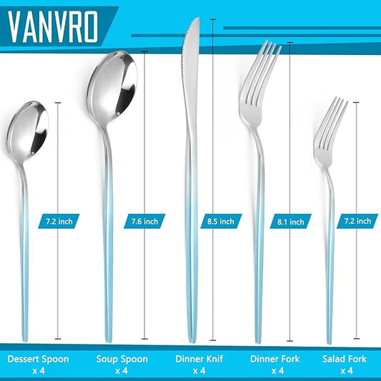 Gradient Blue Silverware Set, 20 Piece Stainless Steel Flatware Set, Kitchen Utensil Set include Knife/Fork/Spoon,Cutlery Service for 4,Mirror Polished