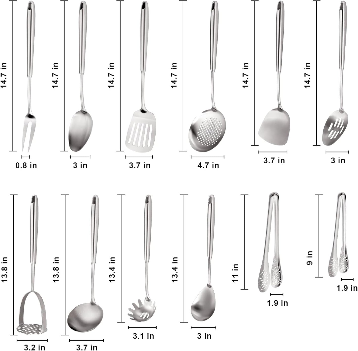 18/10 Stainless Steel Kitchen Utensils, Metal Cooking Utensils Set, 12 PCS Large Metal Cooking Utensil Tools Set
