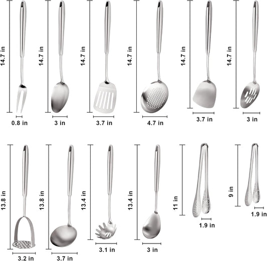 18/10 Stainless Steel Kitchen Utensils, Metal Cooking Utensils Set, 12 PCS Large Metal Cooking Utensil Tools Set