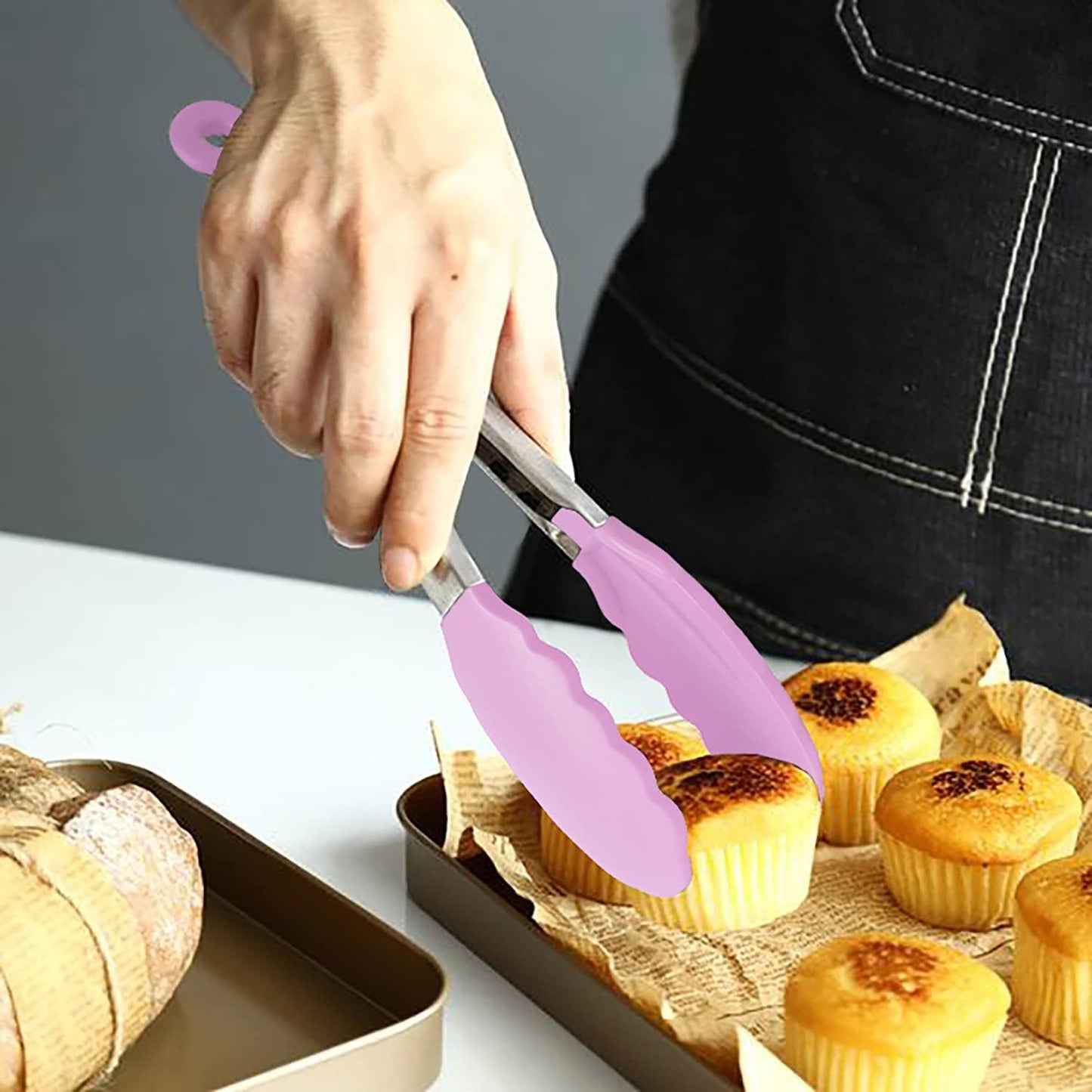 Small Serving Tongs with Silicone Tips 7-Inch Mini Tongs, Set of 3 (Pink)