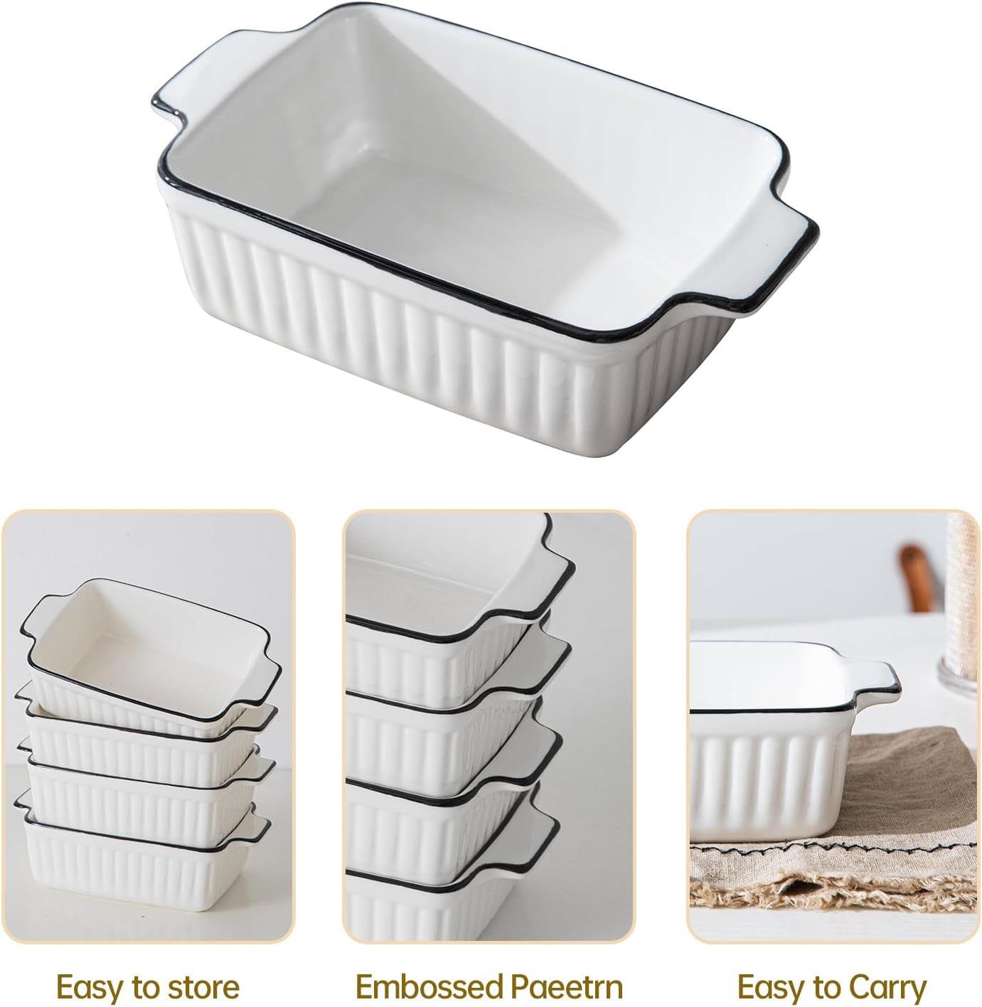Casserole Dishes for Oven, 12Oz Ceramic Baking Dish with Handles, Rectangular Bakeware Set of 4, Deep Baking Dishes for Kitchen Lasagna, Cake, Cooking, Housewarming Gift