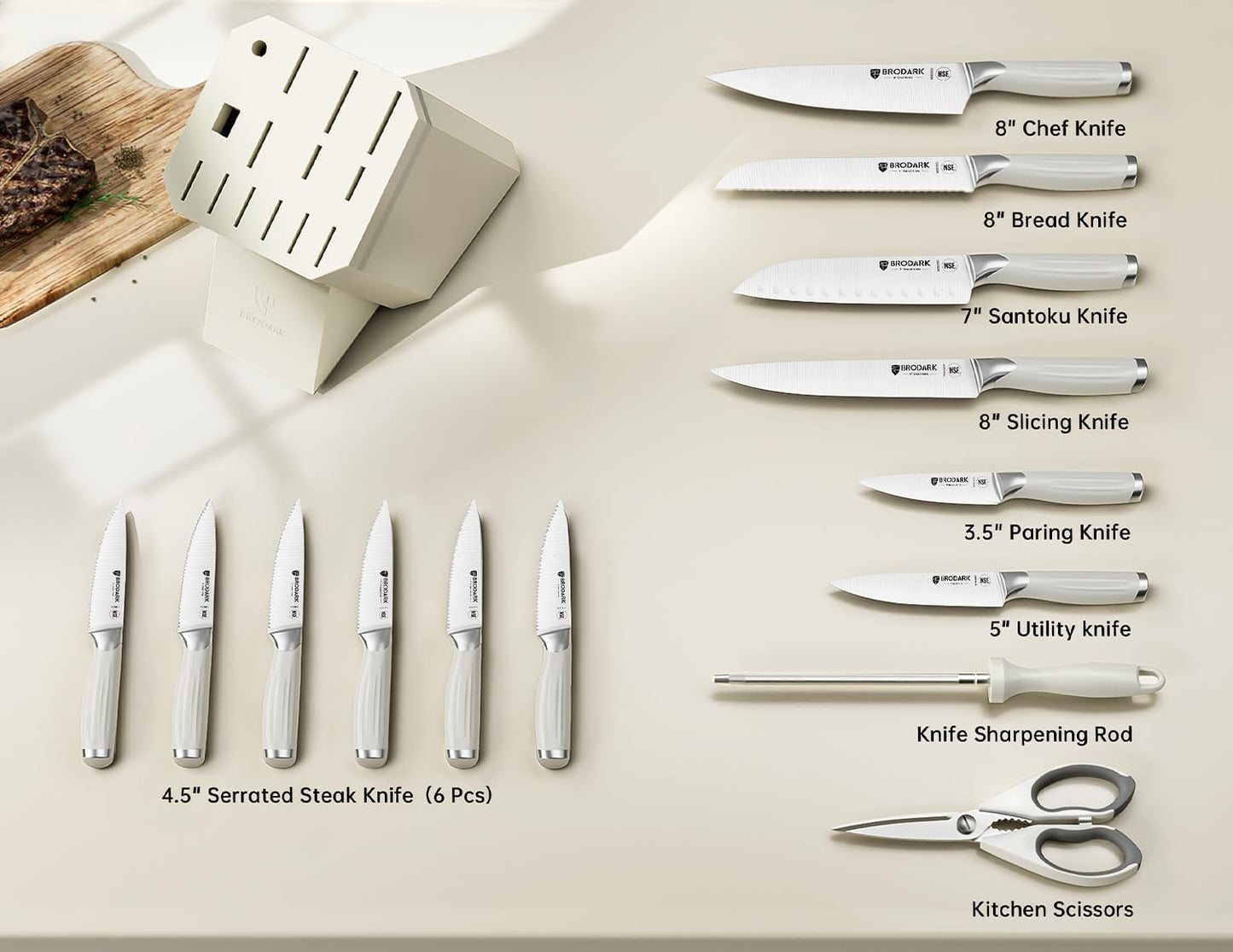 BRODARK Kitchen Knife Set with Block and Sharpening Rod, 15-Piece Full Tang German Stainless Steel Knife Block Set with Ergonomic Roman Handle, White, Ultra Sharp & Rust Resistant, Premium Gift Box