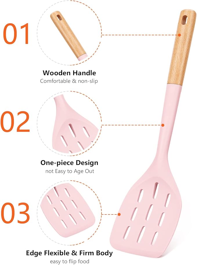 Pack of 2 Silicone Spatula, Non Stick Cooking Utensil Set Wooden Handle Kitchen Turner for Baking Mixing Grilling Serving Food Heat Resistant Non Scratch Hooks Included (Pink)