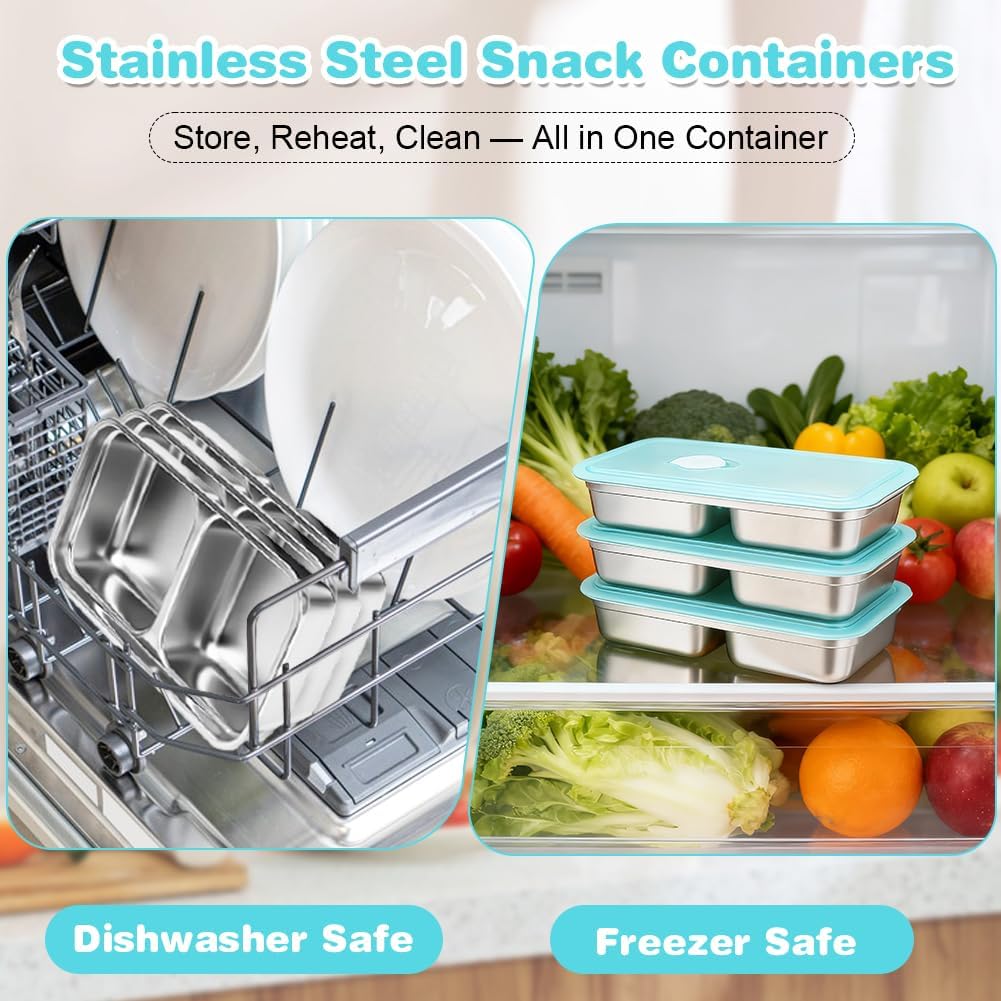 YQL 3 Pack Stainless Steel Snack Containers with Lids, Double Compartment Snack Box for Lunch Prep, Reusable Leakproof Bento Box, Food Storage Containers for Travel, Office, Camping