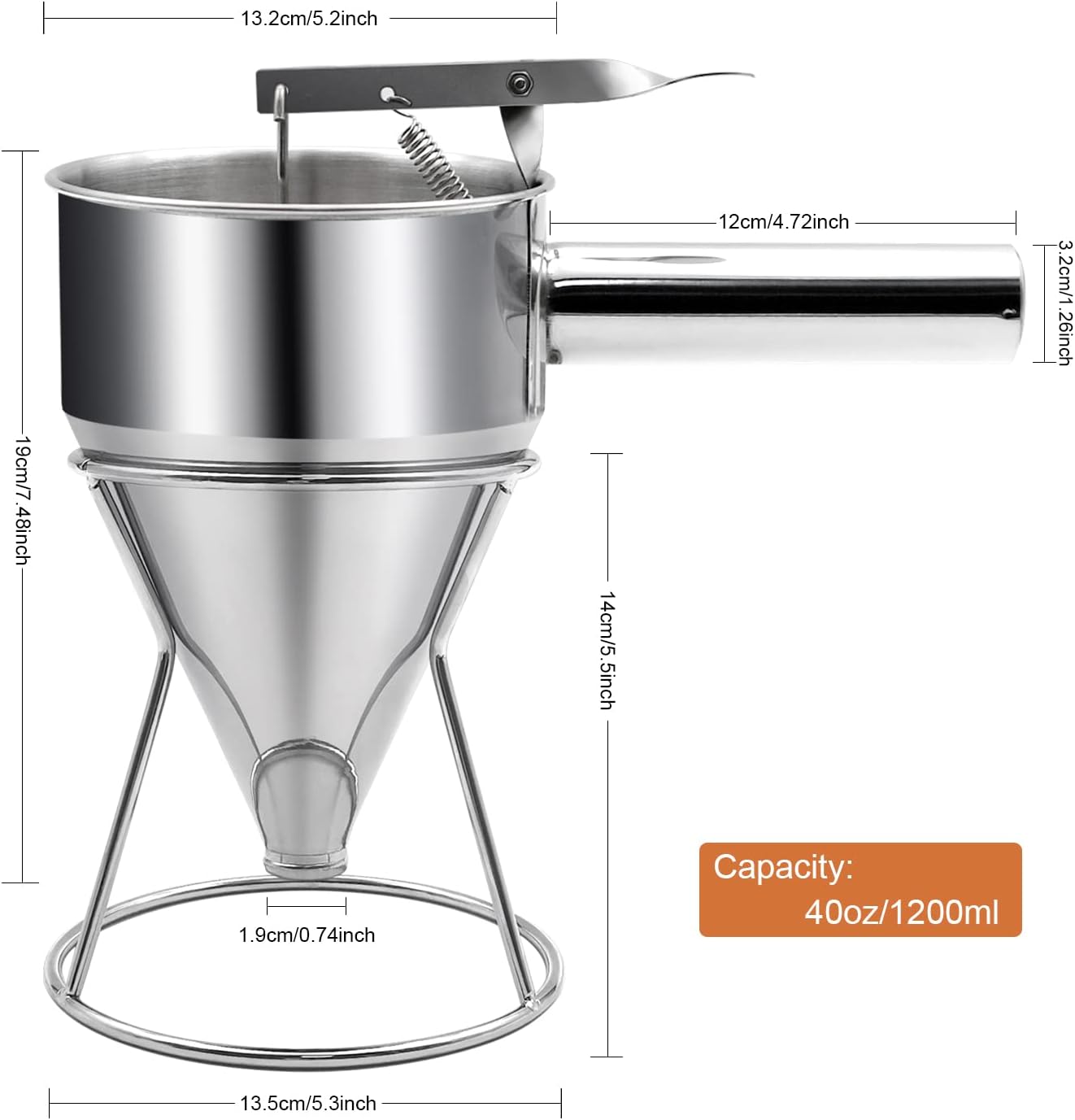 40oz Pancake Batter Dispenser, Stainless Steel Funnel Cake Dispenser with Stand Heavy Duty Baking Tool for Cupcake Waffles Cakes, Caliber: 0.31"/0.47"/0.55"/0.67"
