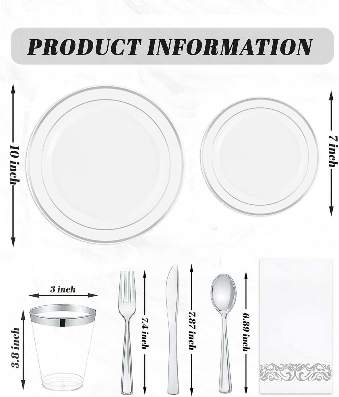 WDF 175PCS White and Silver Plastic Plates - Christmas Plastic Plates - 25Guests Silver Disposable Dinnerware Sets for Wedding/Birthday/Christmas