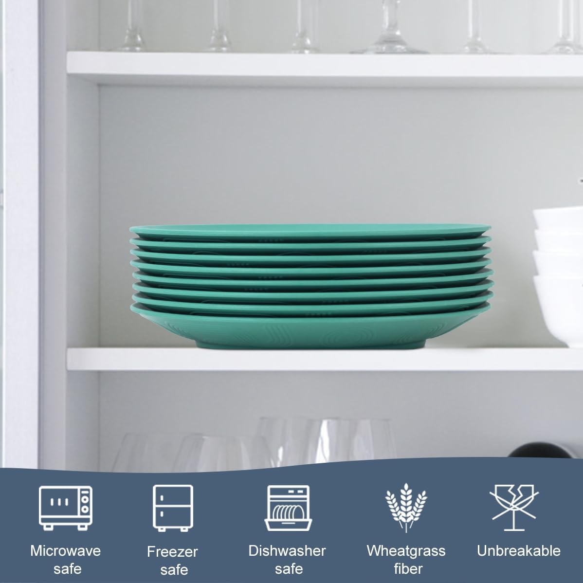 Homienly Flat Dinner Plates Set of 8 Alternative for Plastic Plates Microwave and Dishwasher Safe Wheat Straw Plates for Kitchen Unbreakable Kids Plates(Green, 10 inch), MS 01