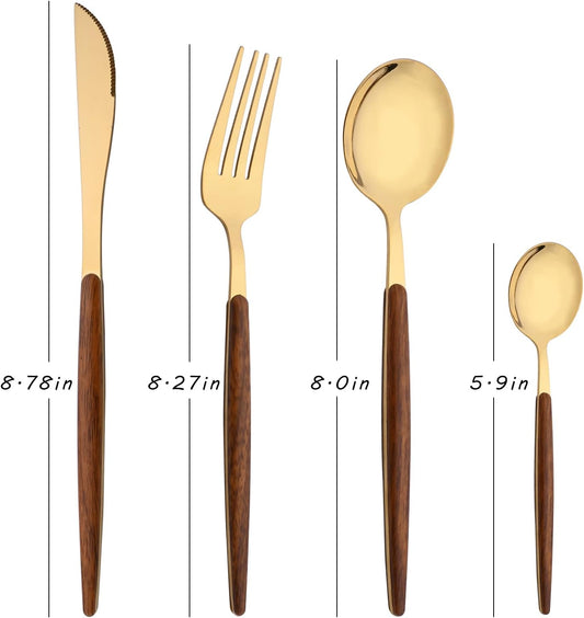 24-Piece Silverware Set for 6, Gold Mirror Polished Stainless Steel Flatware Set, Wooden Effect Handle Utensil Set for Home Hotel Restaurant, Family Cutlery Set Include Knife Fork Spoon