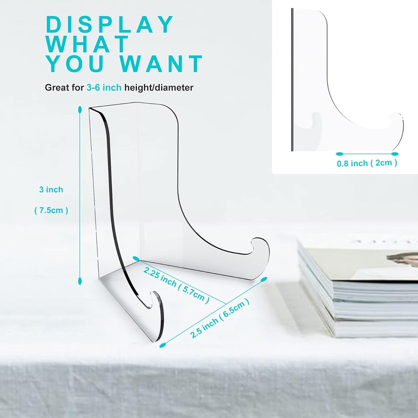 Boloyo Flat Back Acrylic Plate Display Stand , 3 Inch 5PC Clear Acrylic Display Holder Easel Base for Home Office Kitchen School Art Display