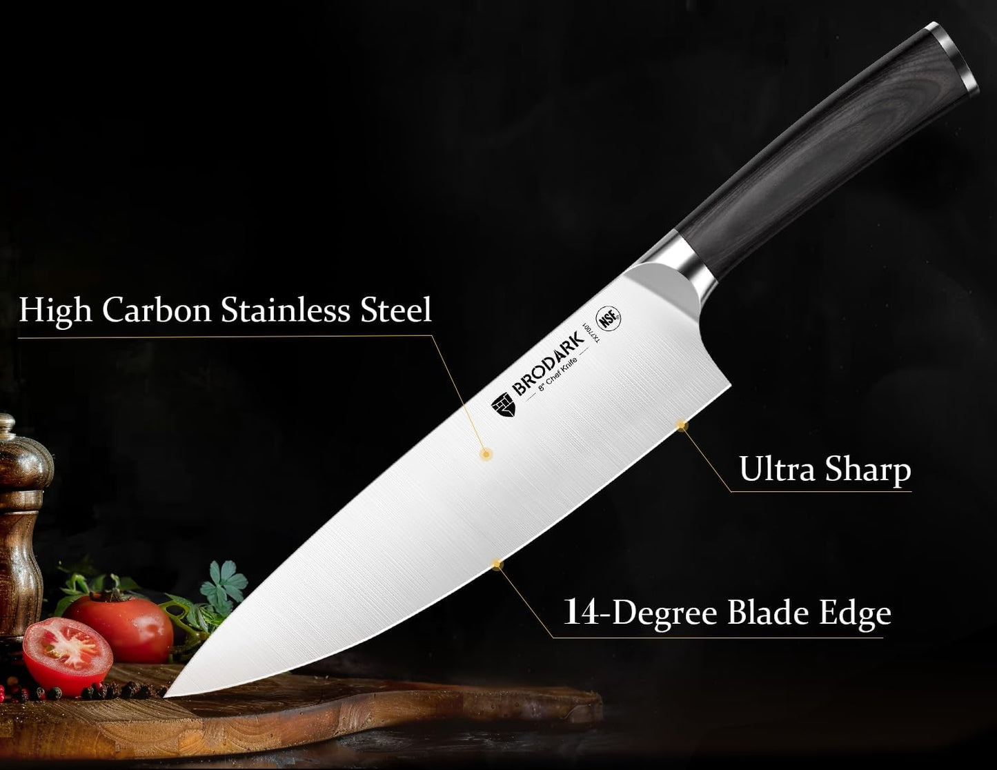 BRODARK Kitchen Knife Set, Ultra Sharp 15 Pcs Knife Set with Block, Full Tang Chef Knives, High Carbon Stainless Steel Knife Block Set with Sharpener, Wooden Handle