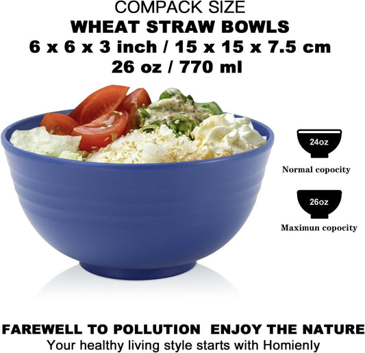 Homienly Unbreakable Cereal Bowls Set of 8-26 OZ Soup Bowls Microwave and Dishwasher Safe Wheat Straw Bowl Assorted Color Dessert Bowls for Serving Soup, Oatmeal, Pasta and Salad (Gradient Blue)