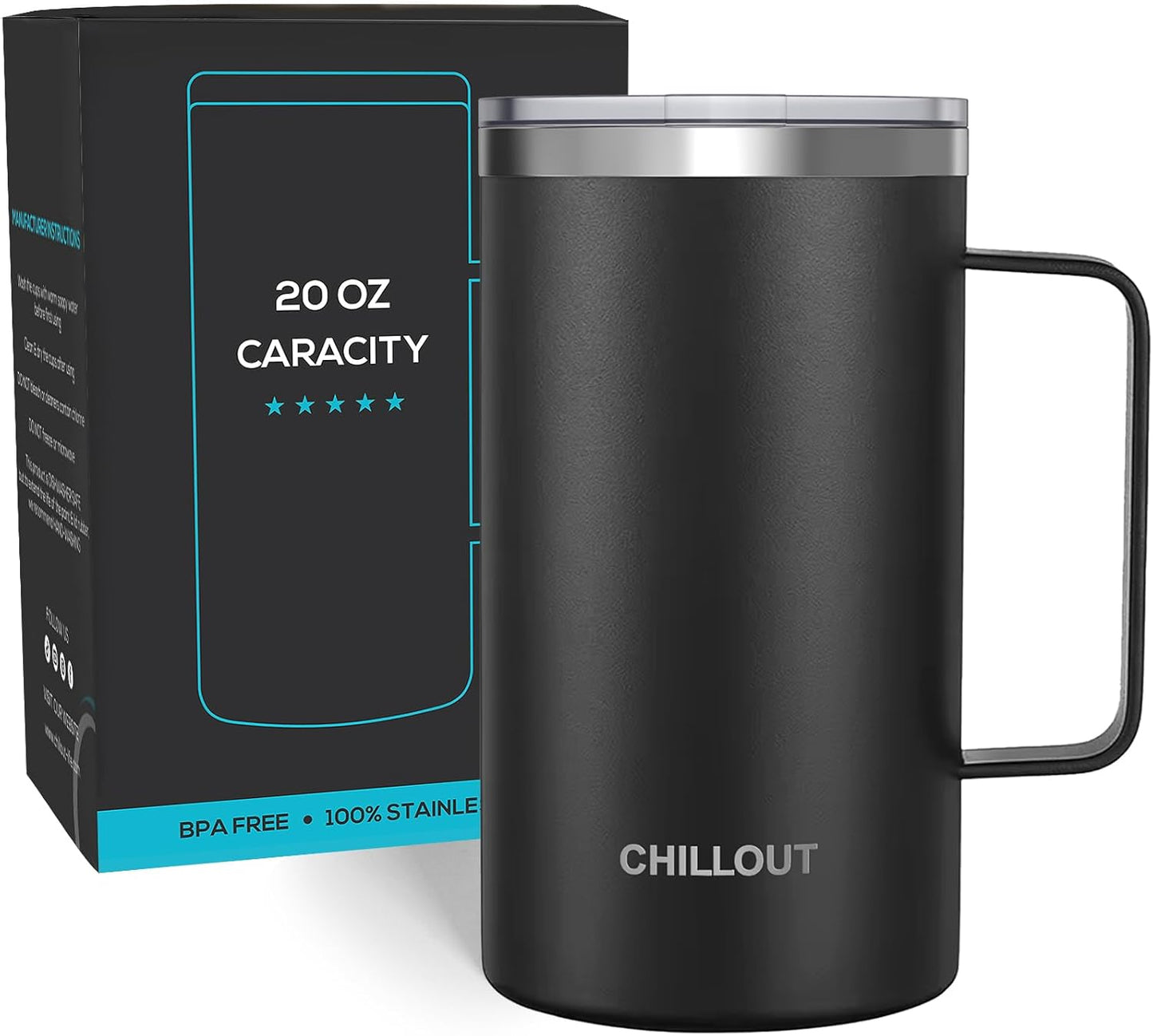 CHILLOUT LIFE Stainless Steel 20 oz Vacuum Insulated Coffee Mug with Handle and Lid, Large Thermal Camping Coffee Mug Cup with Durable Sliding Lid for Men & Women, Keeps your Beverages Hot/Cold