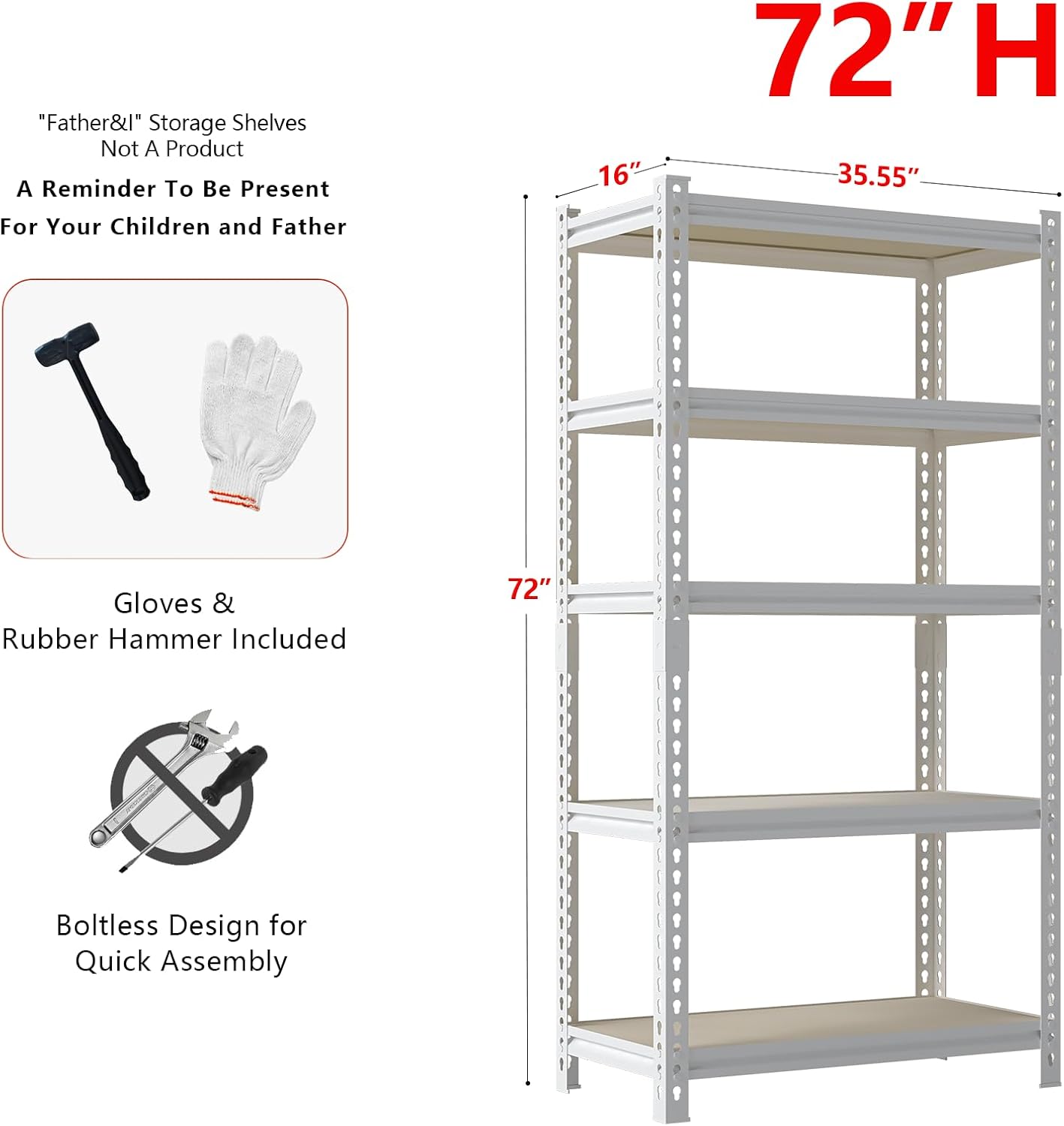 36"W "Father&I" 5-Shelf Industrial Metal Steel Garage/Tote Storage Shelves Heavy-Duty Adjustable Rack: Tall Shelving Units Organizer for Closet/Basement/Pantry/Shop/School 72"H*36W*16"D, White