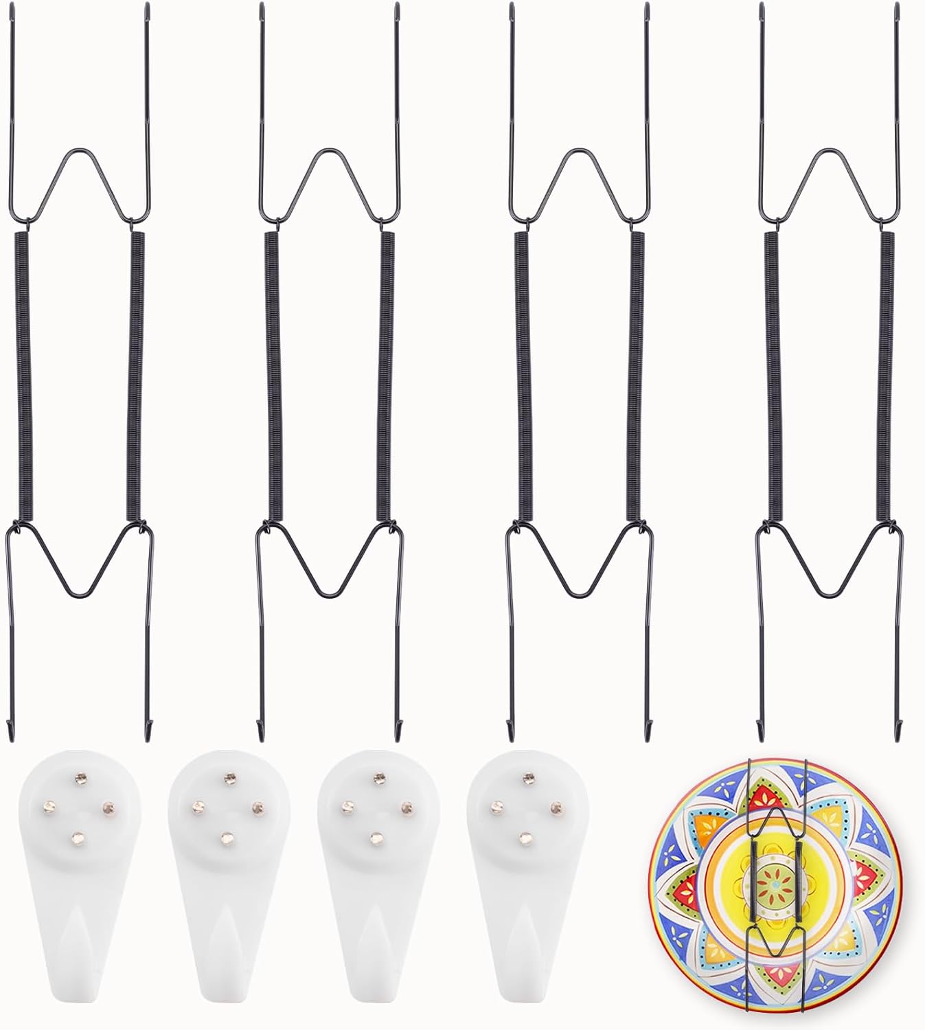 4 Pack Plate Hangers for The Wall Suitable for 10-14 inch Small Decorative Plate, Invisible Stainless Steel Plate Hangers for Display with Wall Hooks, for Plates/Platter/Dish/Picture(Black)