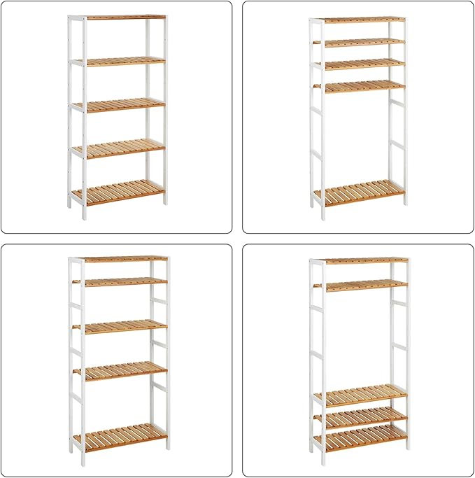 SONGMICS Bamboo Storage Shelf, 5-Tier Shelving Unit, Multifunctional, in The Entryway, Bathroom, Living Room, Balcony, Kitchen, 10.2 x 23.6 x 51.2 Inches, Cloud White and Light Bamboo UBCB35WN