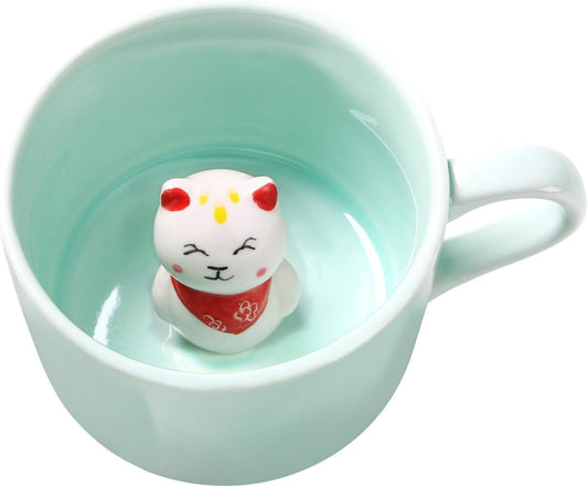 3D Coffee Mug Animal Inside Cup 8 oz with Lucky Cat,Cute Cartoon Handmade Ceramics Cup,Christmas Birthday Surprise for Friends Family or Kids (Lucky Cat)