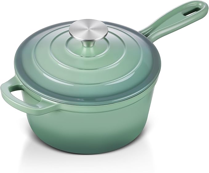 Enameled Cast Iron Sauce Pan with Lid, Leonyo 1 Quart Saucepan with Lid, Enamel Cast Iron Dutch Oven Kitchen Cookware for All Cooktops Cooking Soup, Milk - Up to 500°F & 4.4Lbs, Pistachio Green