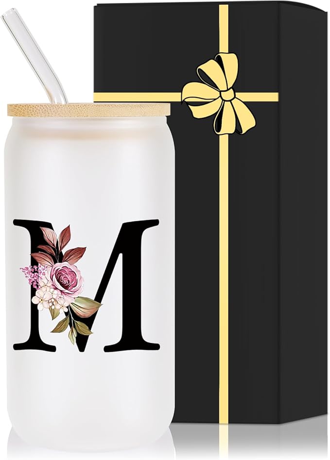 Monogrammed Glass Drinking Cup With Lid Straw Women Wife Gifts Ideal from Husband Happy Birthday Wedding Romantic Best Cool Personalized Unique Special Cute Custom Christmas Xmas Valentines Present,M