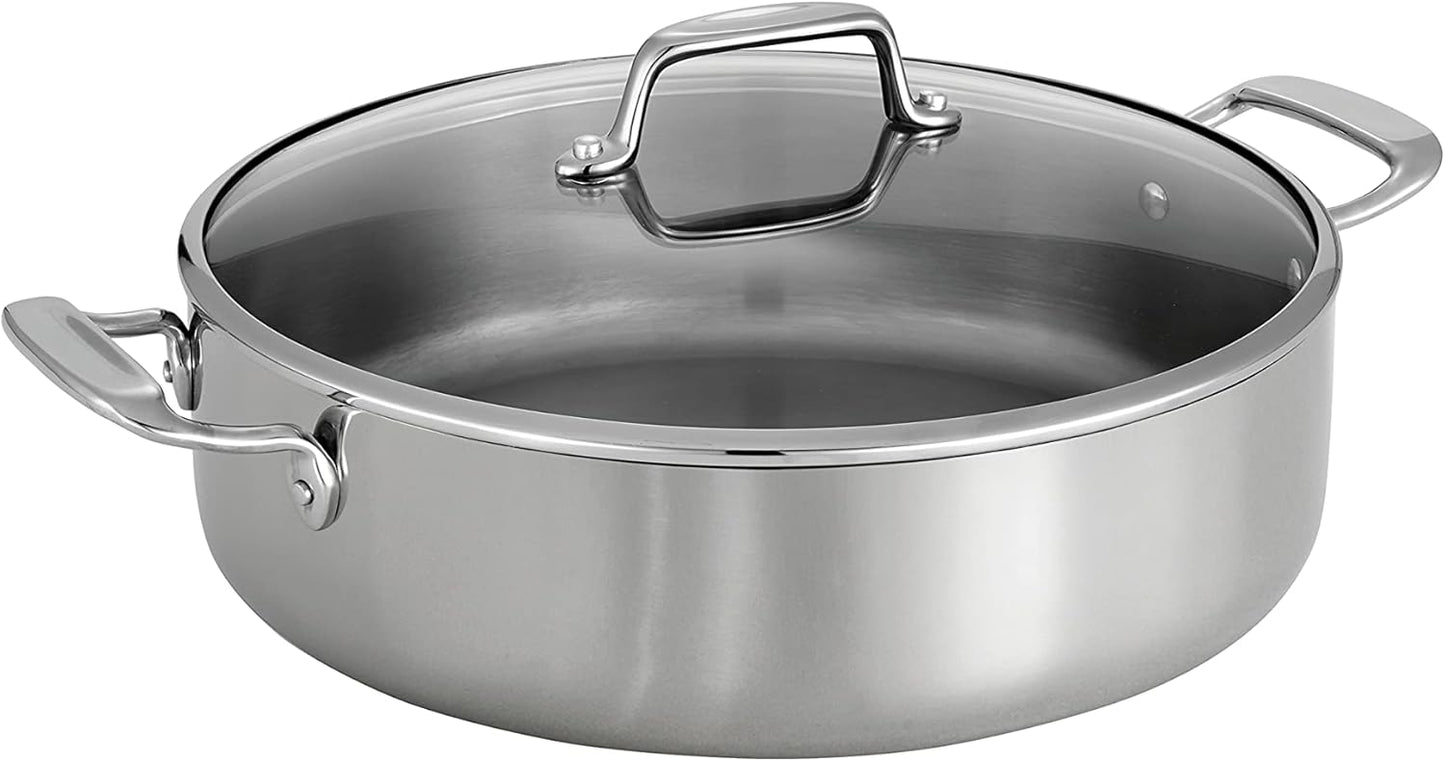 Tramontina Tri-Ply Clad Stainless Steel 6-Quart Braiser Pan with Glass Lid, Induction-Ready, Dishwasher-Safe, NSF-Certified