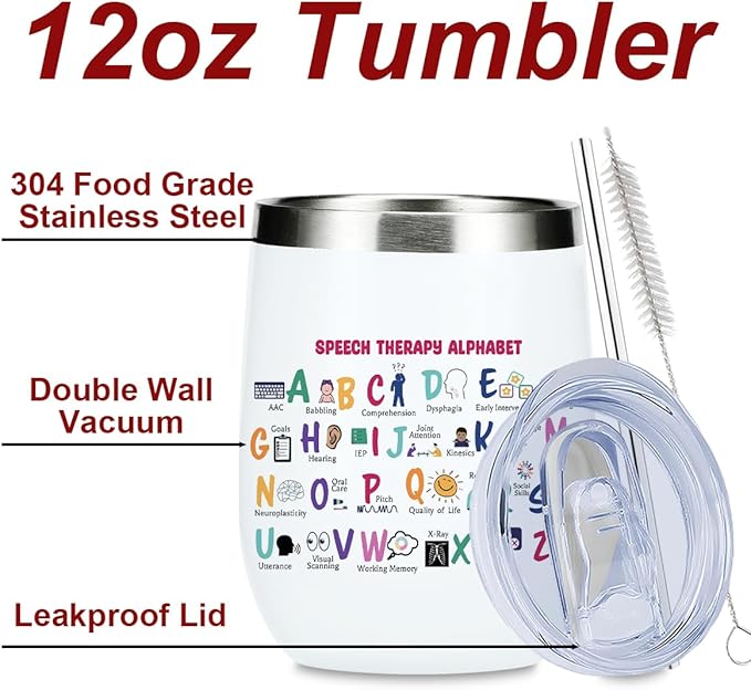 Speech Therapy Gifts Wine Tumbler, Christmas Birthday Gifts for Speech Language Pathologist, SLP, Therapist,Teacher Coworkers Coffee Cup Insulated Stainless Steel 12oz Wine Glass with Lid, Straw