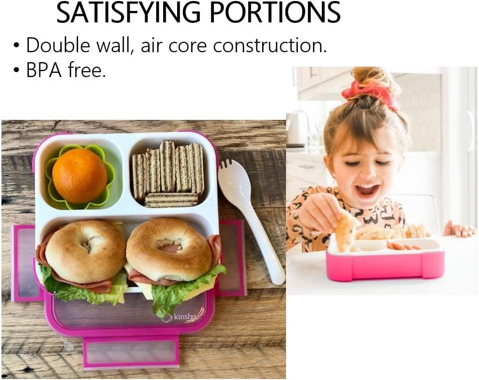 kinsho Bento Box for Kids, Toddler Lunch-Box Snack Container for Small Boys Girls in School Pre-School Daycare, Leakproof 3 Compartment Containers for Snacks, BPA Free. Medium Orange Pink 2 pack