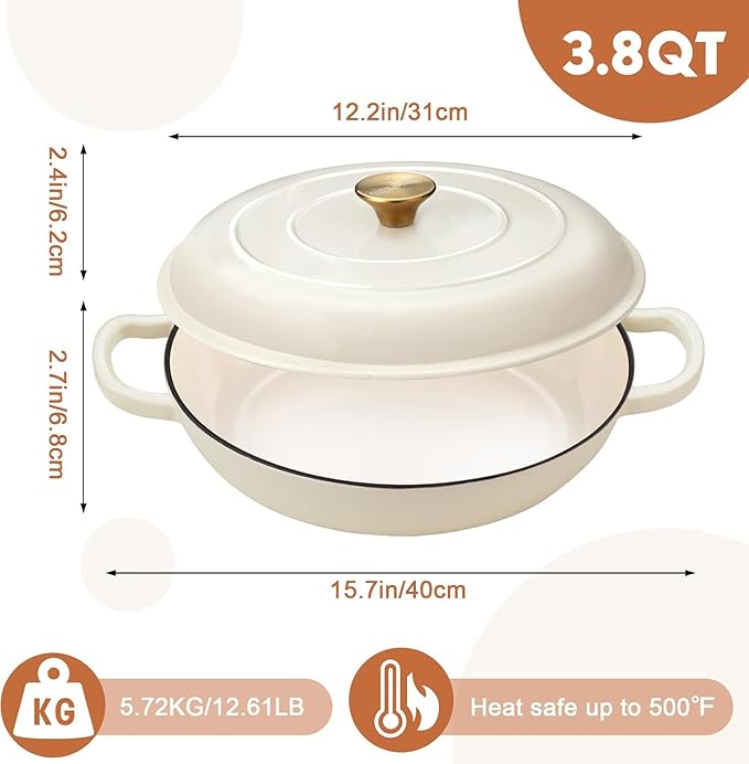 Overmont Enameled Cast Iron Dutch Oven - 3.8 Quart Dutch Oven Pot with Lid - Shallow Cookware Braising Pan - Cast iron Casserole with Cookbook & Heat-resistant Caps - Oven Safe up to 500° F