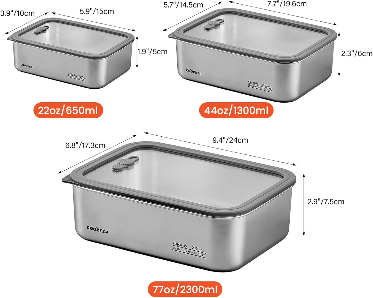 3 pcs Stainless steel food storage containers With lids，stainless steel snack containers，stainless steel lunch box，Easy Clean,Airtight & Leakproof for kitchen storage，Dishwasher safe (22oz+44oz+78oz)