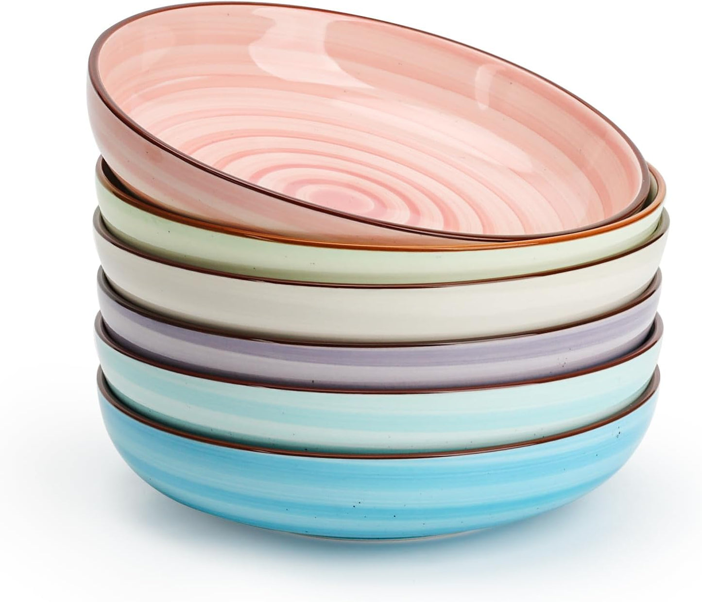 KitchenTour Large Pasta Bowls 34 oz, Ceramic Salad Serving Bowls Set of 6, 8.6 Inch Wide and Shallow Bowl for Soup- Dishwasher and Microwave Safe, Assorted Warm Colors