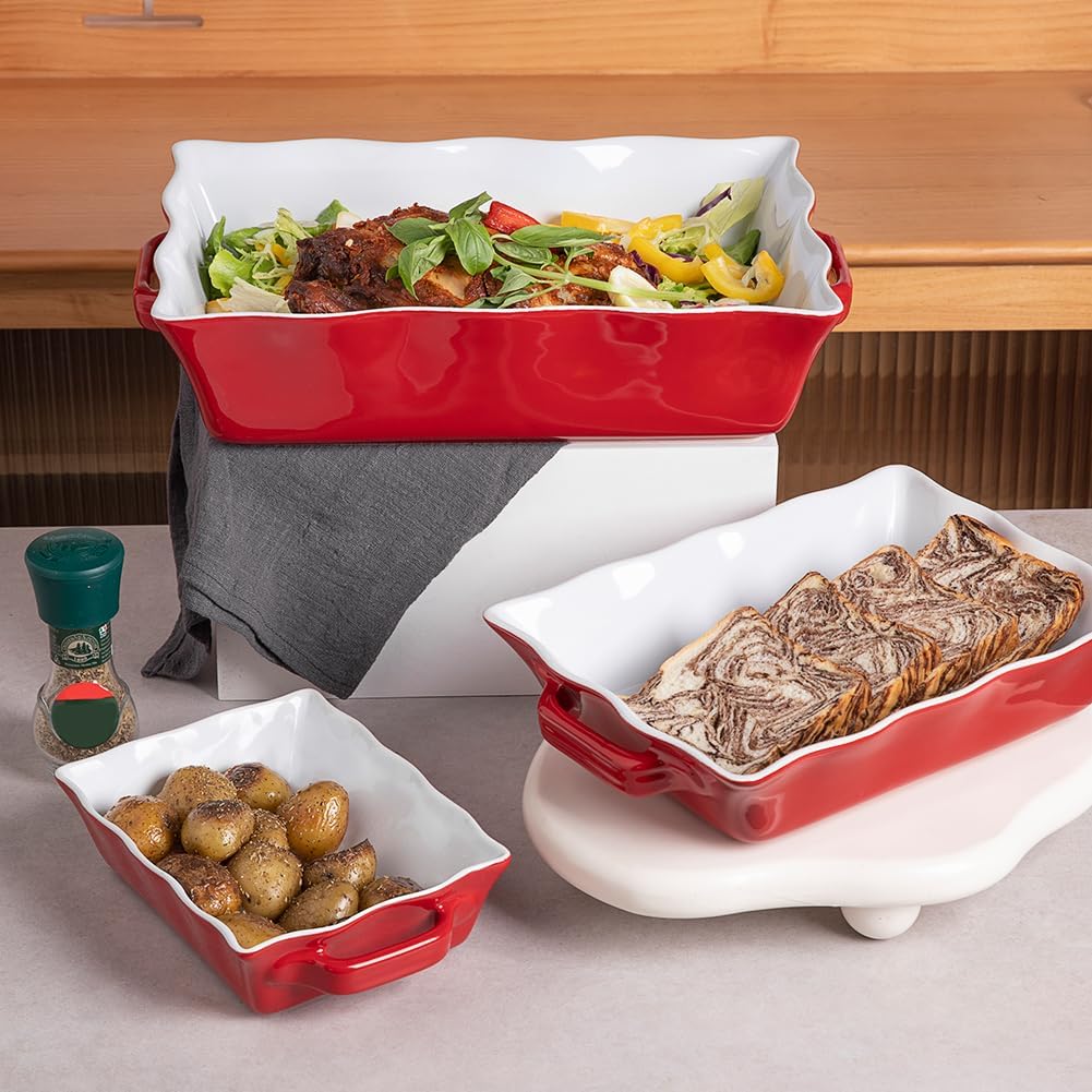 Sweejar Casserole Dishes for Oven, Ceramic Bakeware Set of 3, Rectangular Baking dish with Handles, Wave Edge Lasagna Pan Deep for Cooking, Cake, Dinner, Banquet and Daily Use (Red)