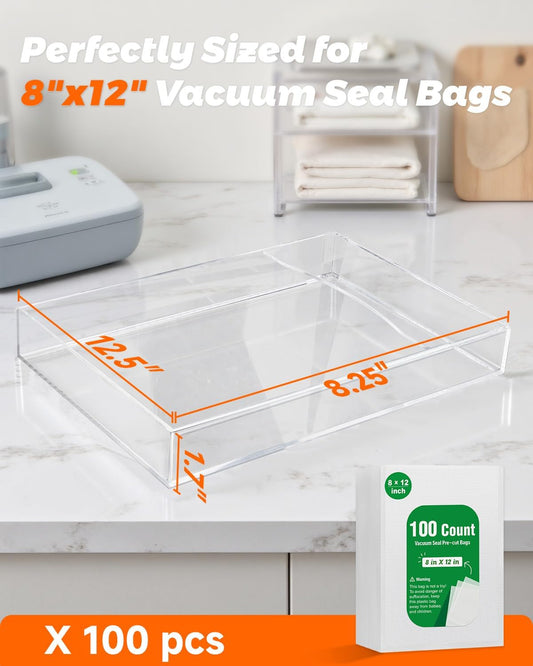 Vacuum Sealer Bags Storage Organizer, Food Saver Bag Organizer for Kitchen Drawer, Clear Acrylic Box for 8"x12" Pre-Cut Sealer Bags (Holds 100pcs, Box Only)