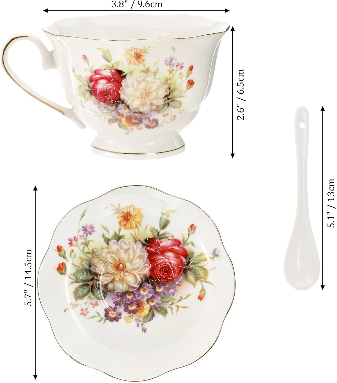 Foraineam Floral Tea Cup with Saucers and Spoons Set of 6 - Coffee Cups and Saucers with Gold Trim - 6 oz Porcelain Ivory Latte Cup and Espresso Mug for Coffee Drinks and Tea