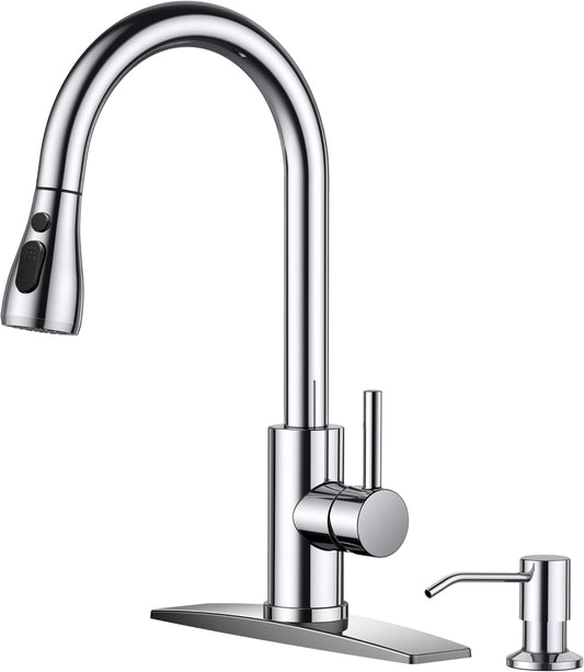 FORIOUS Kitchen Faucet with Soap Dispenser Chrome, Single Handle Stainless Steel Transitional Sink Faucet with Pull Down Sprayer 1 or 3 Hole, Suitable for Farmhouse Laundry Camper RV Bar
