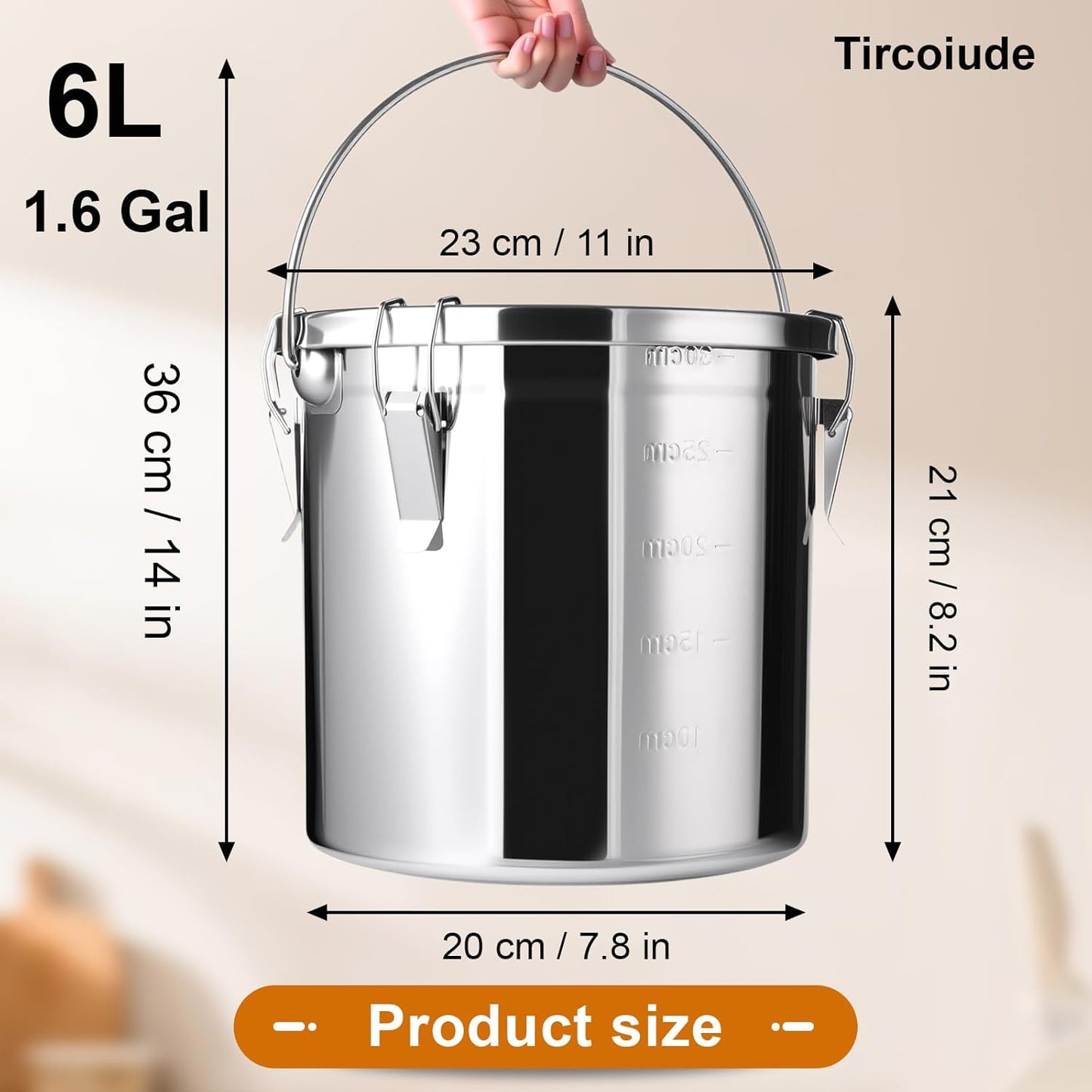 304 Stainless Steel Airtight Canister with Lids and 4 Locking Containers 10 lbs Rice Container for Bean Flour Oil Sugar Milk Storager Bucket (Handheld) 6L/1.6 Gal