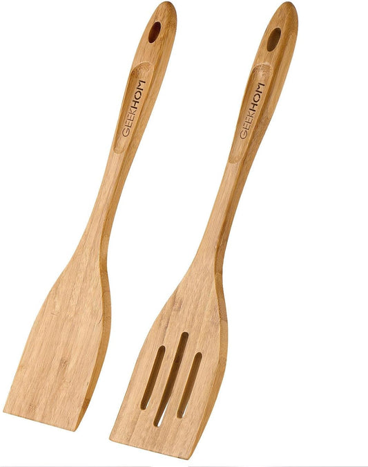 GEEKHOM Bamboo Spatulas for Nonstick Cookware, 13 Inch Wooden Kitchen Utensils, 2 Pack Wooden Spatula for Cooking, Slotted Wok Turners, Flipper for Pancake, Fish, Egg