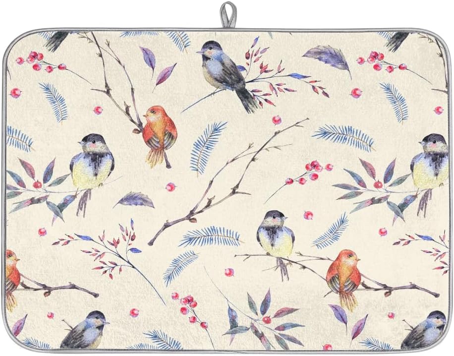 Hexteria Vintage Birds Dish Drying Mat Microfiber Kitchen Drying Mat Dish Drying Mats for Kitchen Counter Absorbent Quick Drying Pad 18x24 Inch