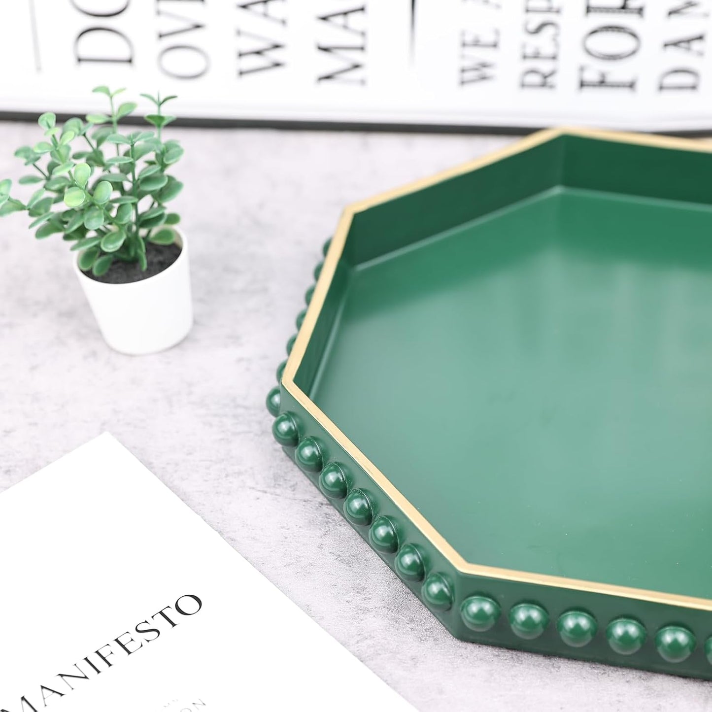 Green Serving Tray for Coffee Table, Octagonal Beaded Plastic Decorative Tray for Ottoman, Kitchen Counter, Living Room, Outdoor Lacquer Tray for Entertaining