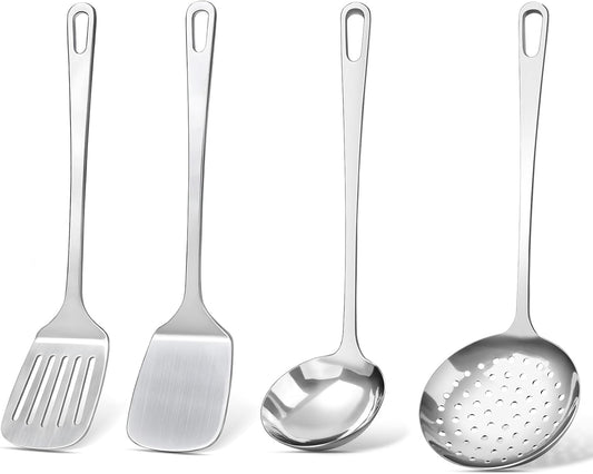 4 Pcs Cooking Utensils Set, Stainless Steel Kitchen Utensils, Heat Resistant Metal Kitchen Tools Include Solid & Slotted Turner Wok Spatula, Serving Spoon, Ergonomic Handle, Easy to Clean, Silver